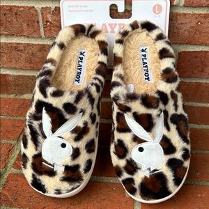 PLAYBOY Leopard Print Faux Fur Women’s Logo Bunny Slide Slippers